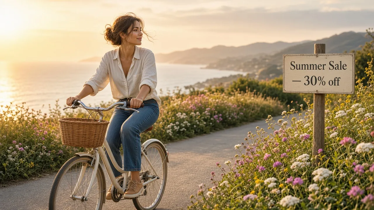 Woman riding a bicycle along a flower-lined coastal lane at sunset — campaign visual reference
