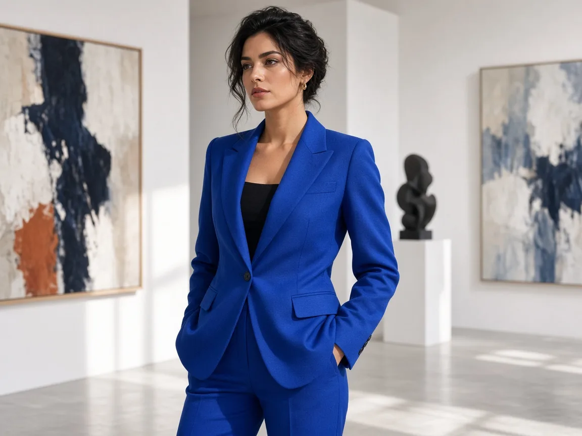 Fashion portrait in a cobalt suit inside a bright art gallery — social cover reference