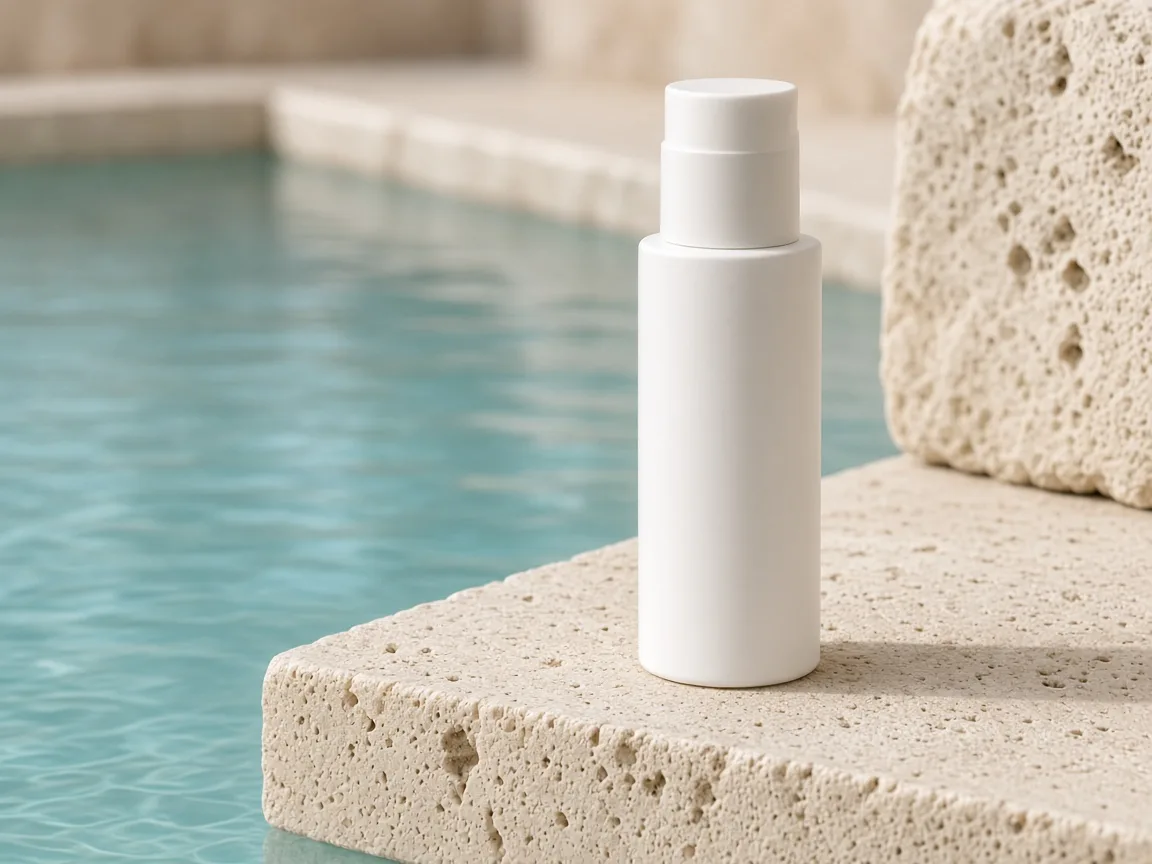 Skincare bottle on a travertine stone ledge beside a pool — product scene reference