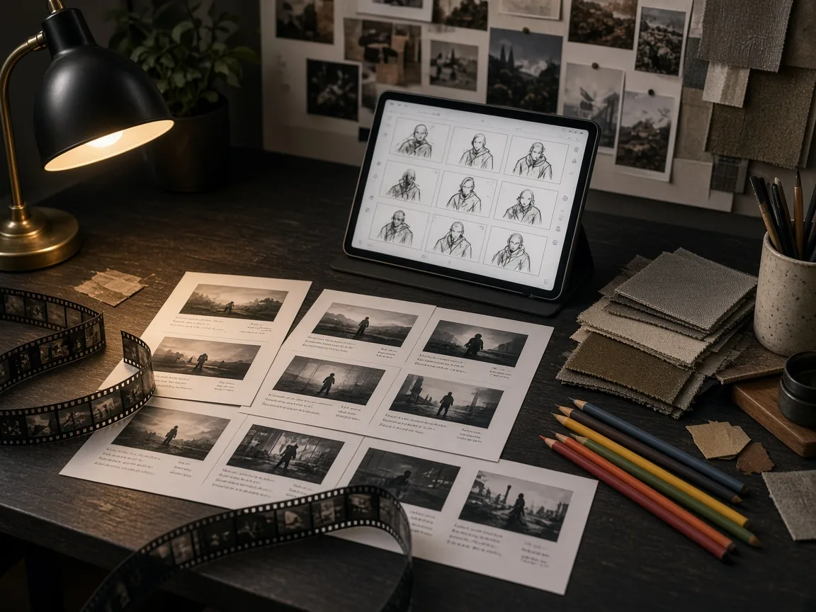 Mood board desk with printed concept frames, film strips and fabric swatches — storyboard reference