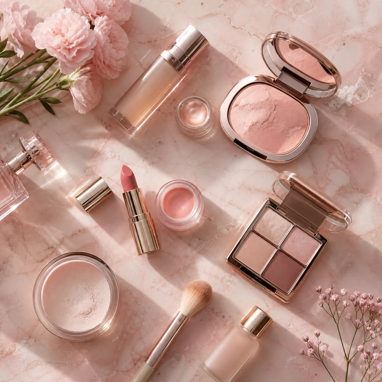 AI generated Cosmetics flat lay example for product photo generator