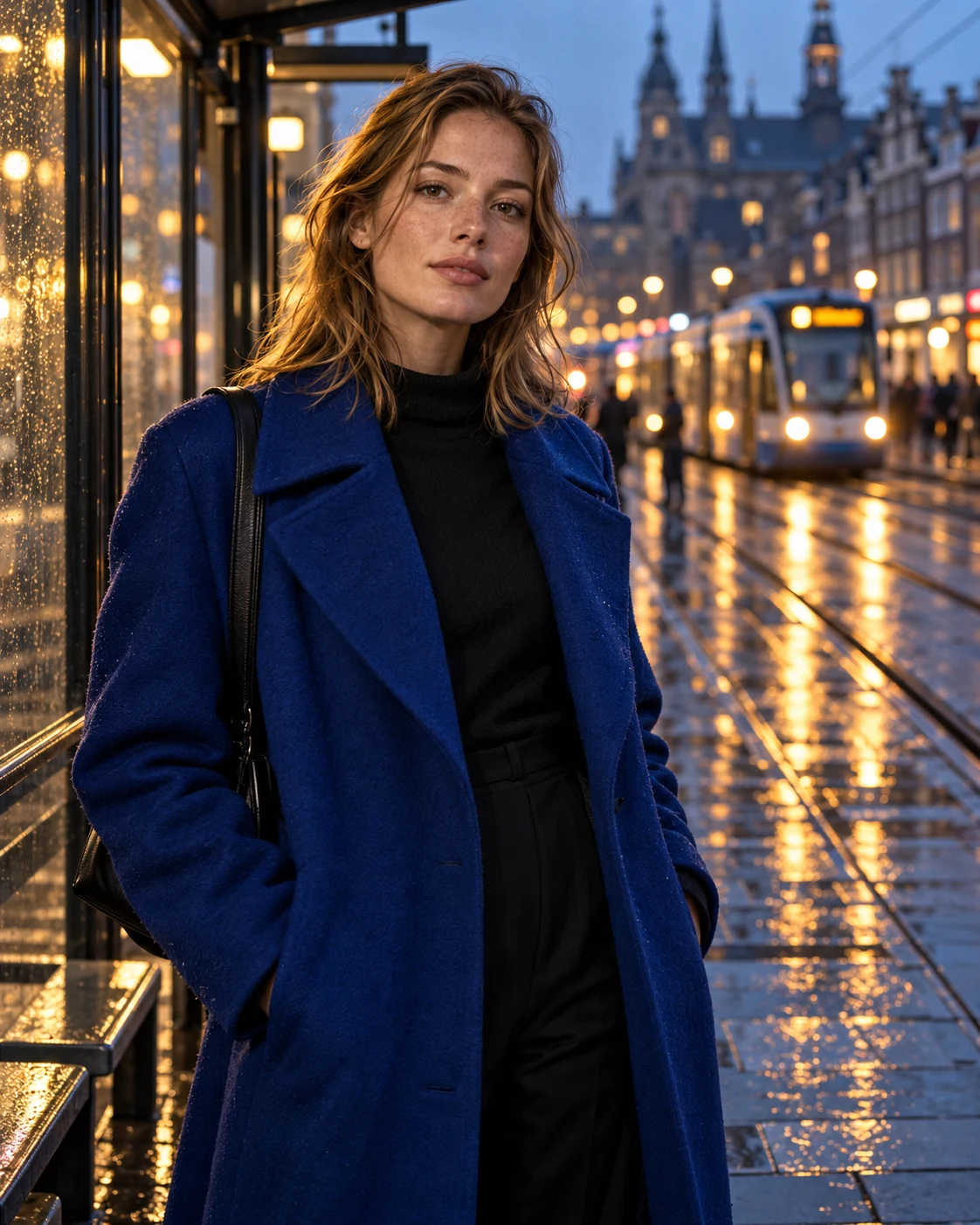 Cinematic editorial fashion portrait at a rainy Amsterdam tram stop