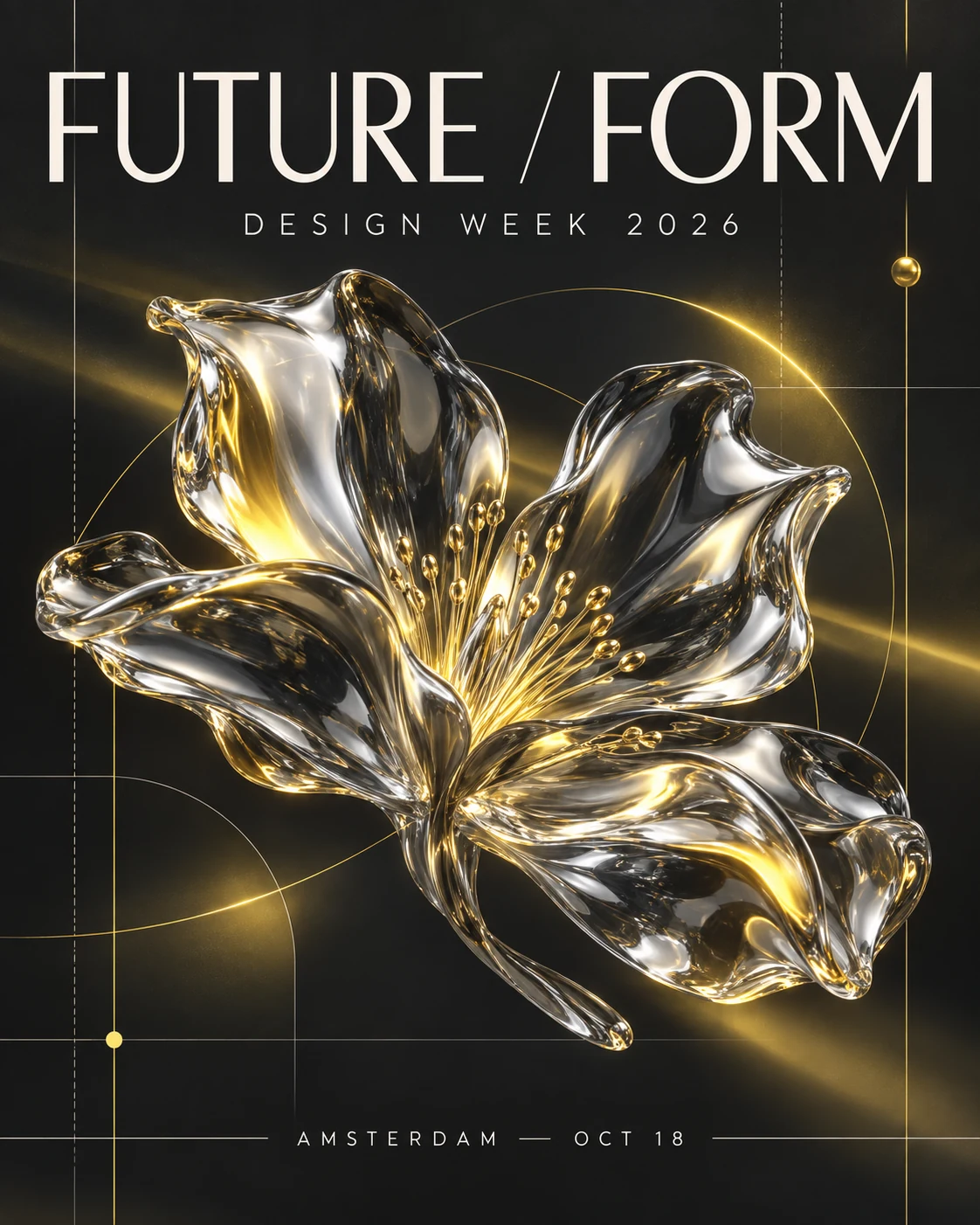 Chrome flower poster with FUTURE / FORM, DESIGN WEEK 2026 and AMSTERDAM — OCT 18