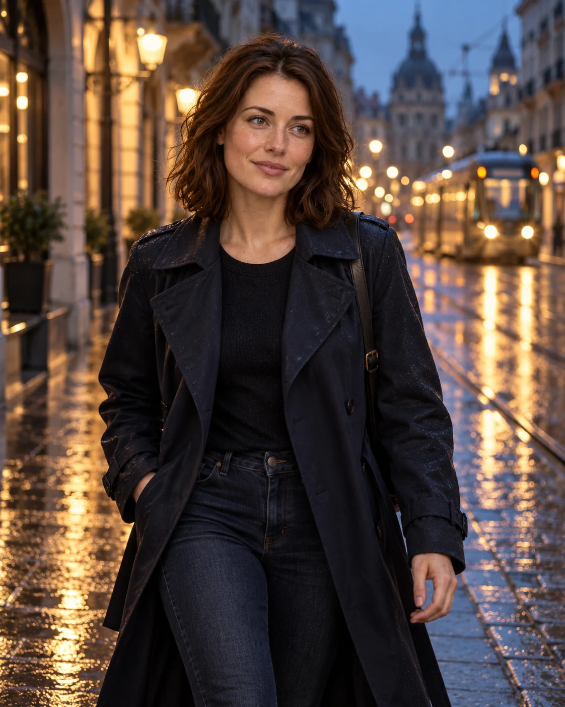 Same chestnut-haired woman walking in a rainy European city