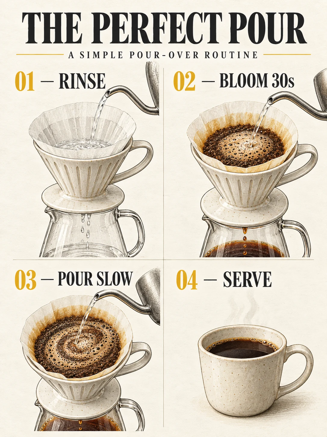 THE PERFECT POUR infographic showing rinse, bloom, slow pour and serve